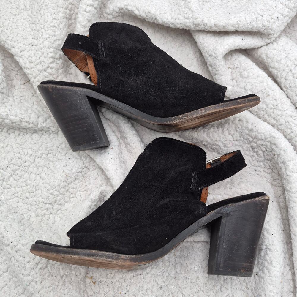 Frye Courtney slingback mule black suede peep toe and block heel Womens size 9